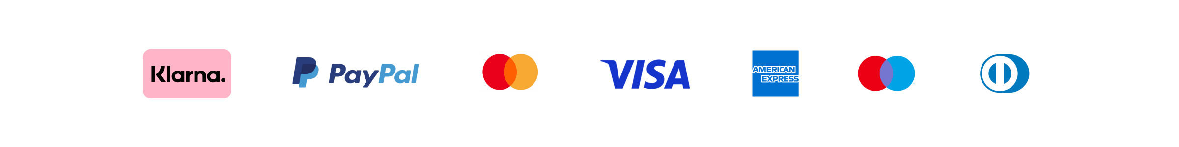 Payment logos_Klarna, Paypal, Mastercard, Visa, Amex, Maestro, Diners - RATIO 8x1