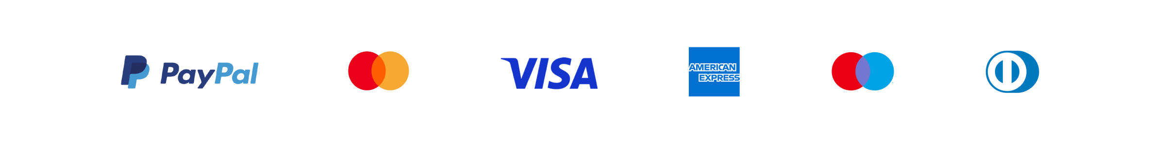 Logotipos de pago_PayPal, Mastercard, Visa, Amex, Maestro, Diners - Proporción 8x1
